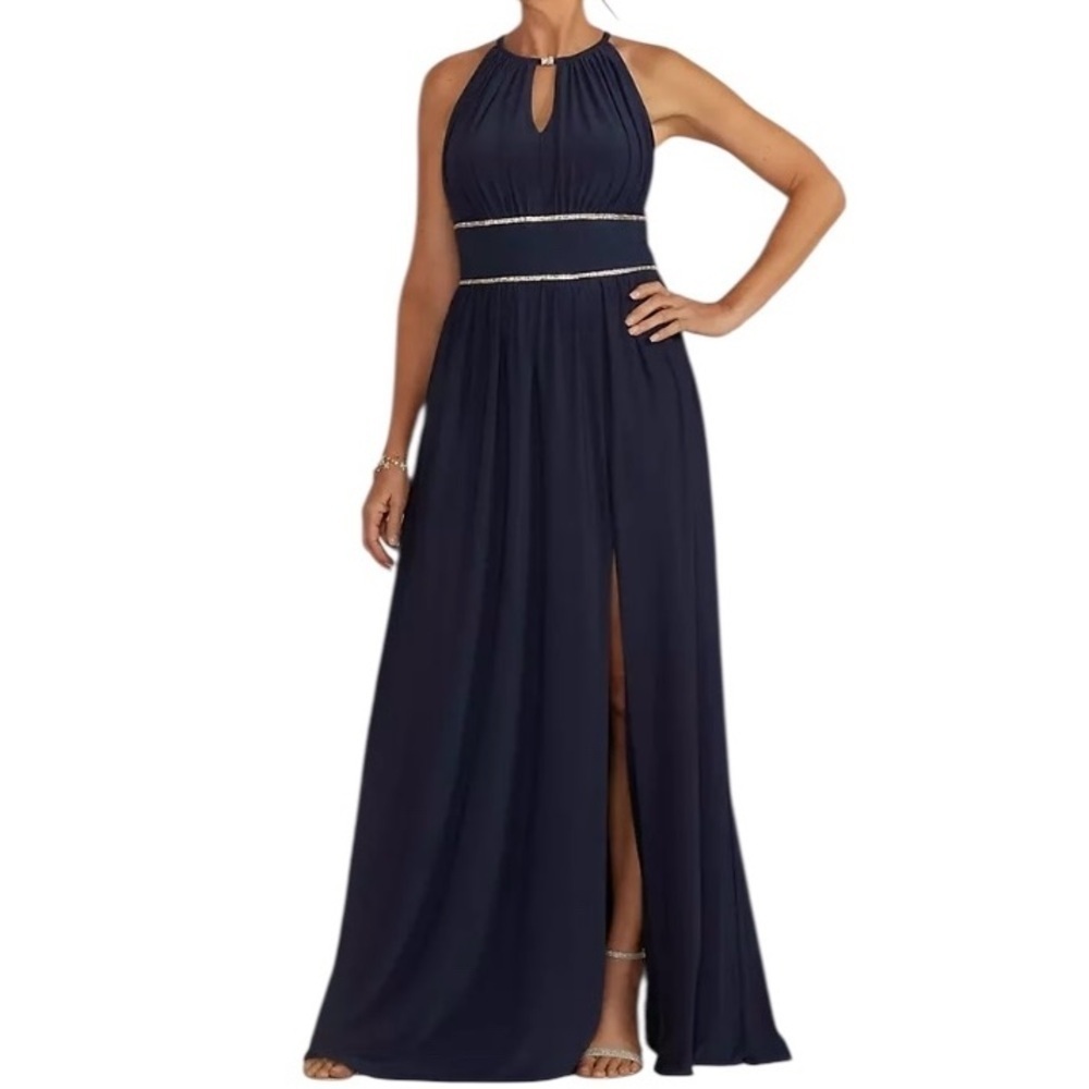 OLEG CASSINI Halter Dress Rhinestone Mother of the Bride Gown Blue 12